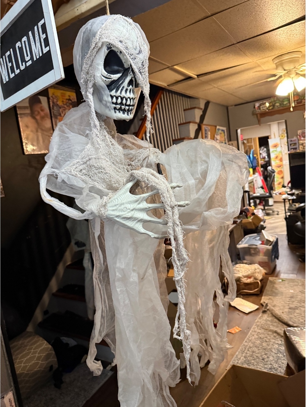 Hanging Halloween Ghost Skeleton Decoration with Tattered White Cloth